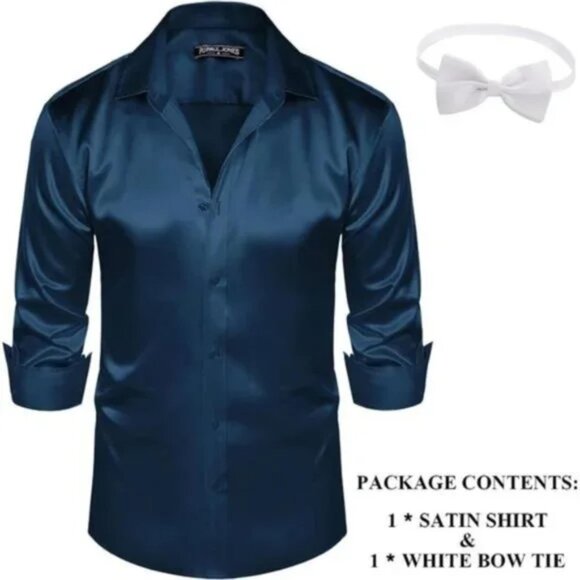 Men's Shiny Satin Shirts Long Sleeve Navy Blue Dress Shirt - Picture 5 of 7